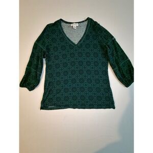 Liz Claiborne Womens Teal Medallion Print V-Neck 3/4 Sleeve Crochet Trim Top M